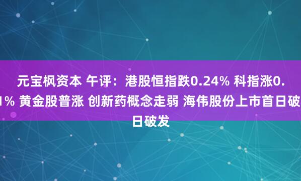元宝枫资本 午评：港股恒指跌0.24% 科指涨0.11% 黄金股普涨 创新药概念走弱 海伟股份上市首日破发